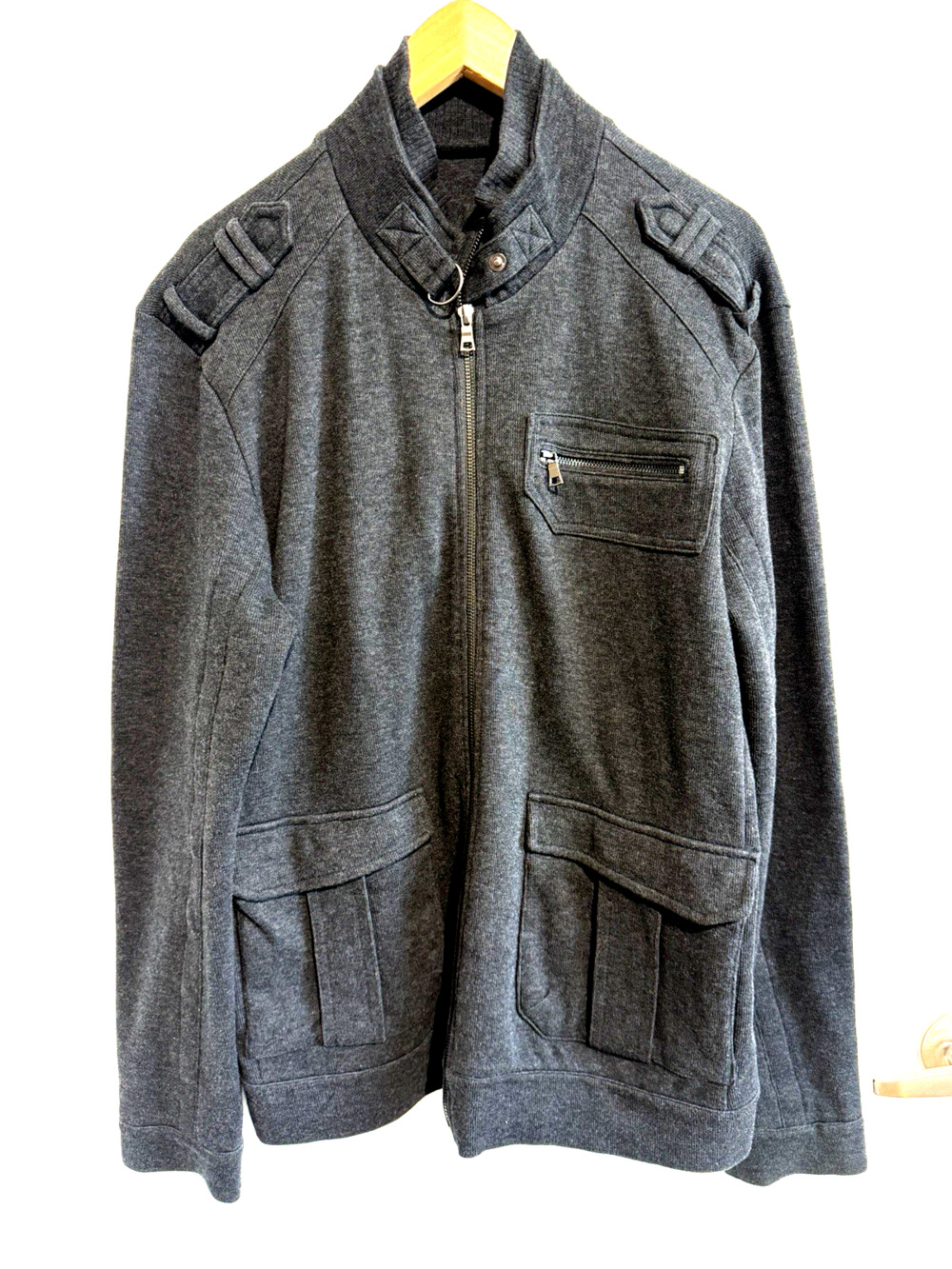 INC military field jacket knit bomber Utility Cotton Zip Charcoal Gray Size-L